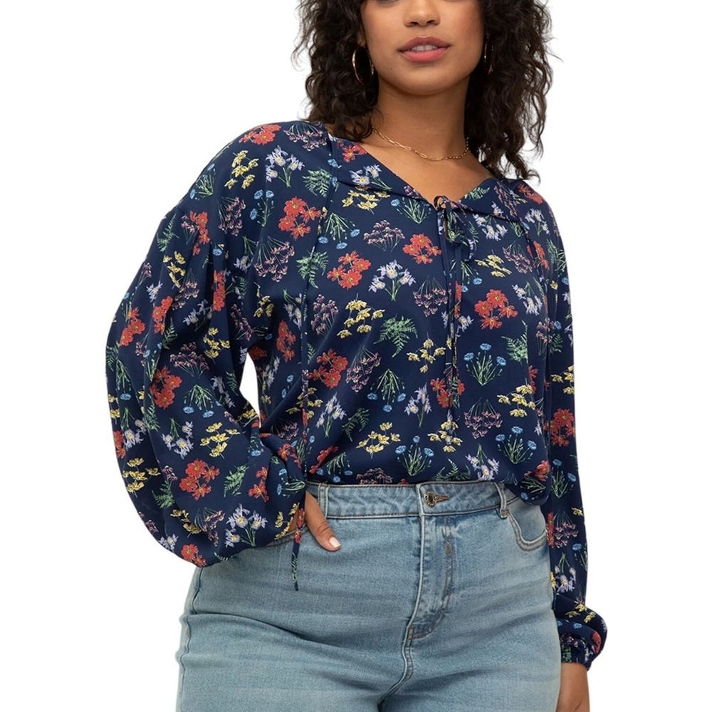 ELOQUII Womens Cottagecore Boho Blouse 22 Blue Floral Balloon Sleeve Top NEW